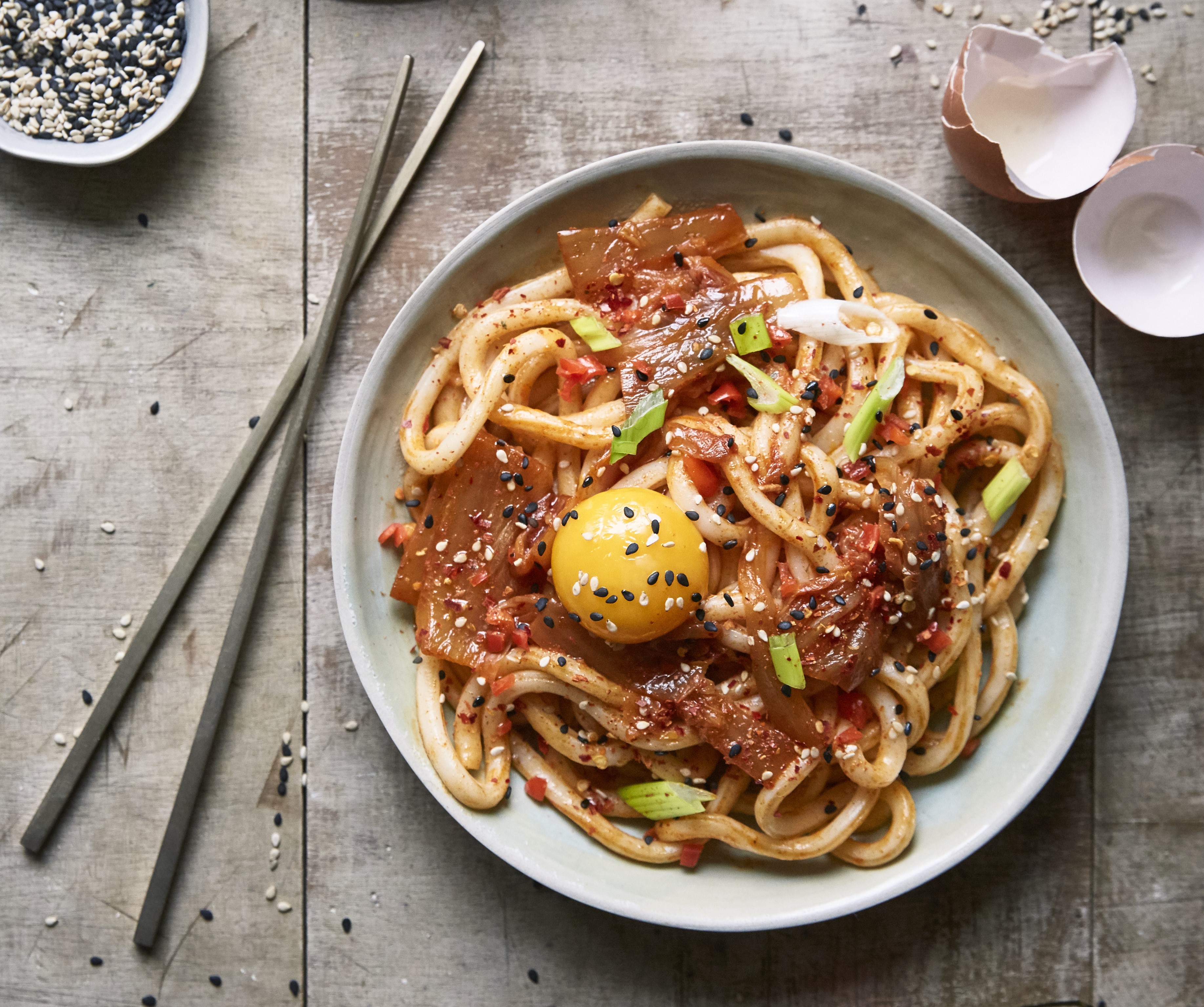 Udon noodles with Kimchi and egg yolk