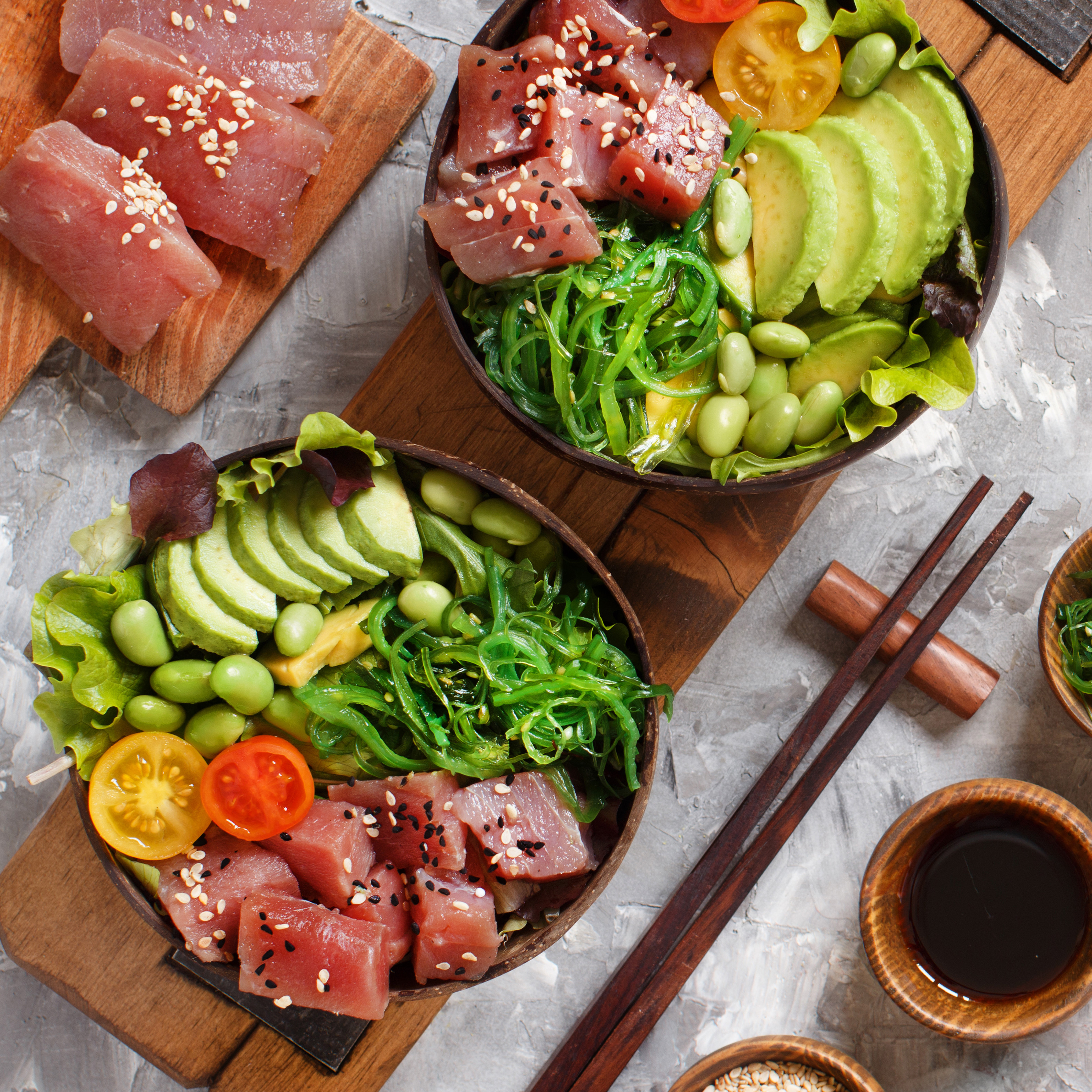 Hawaiian tuna poke salad in the bowl top view