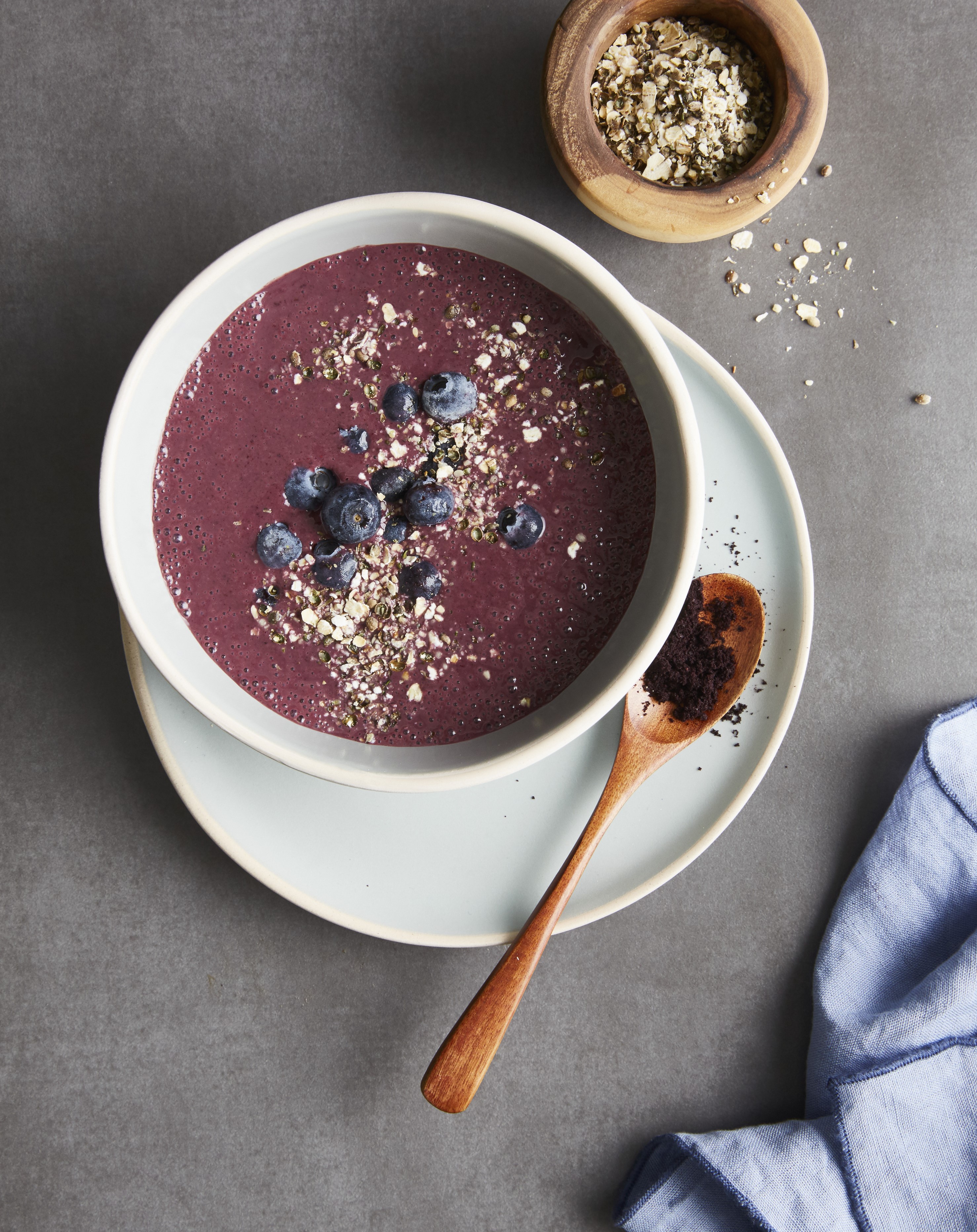 Blueberry and spinach bowl with acai and hemp seeds