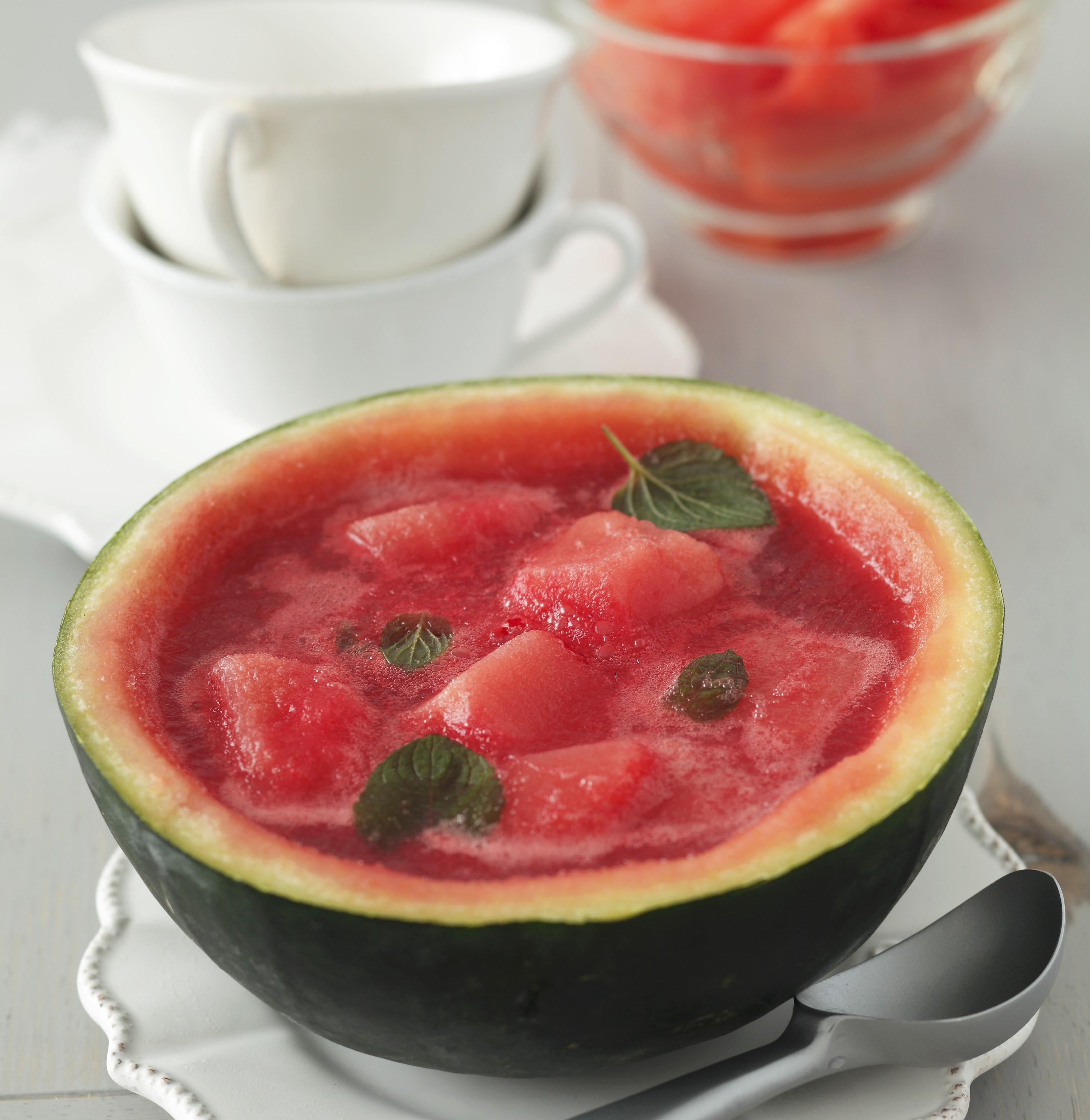 Watermelon sorbet in a frozen watermelon drink